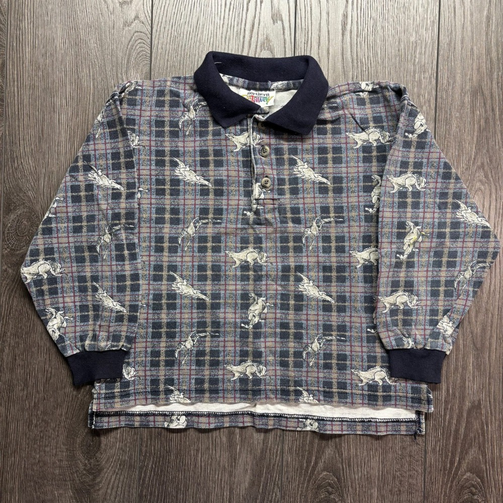 Vintage Northern Getaway Kids XS Plaid Dino Print Long Sleeve Polo Shirt Navy